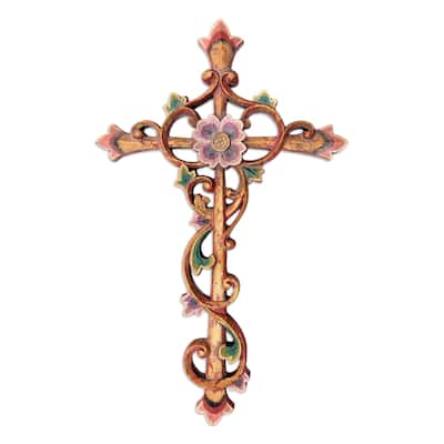 Novica Handmade Floral Faith Wood Relief Panel