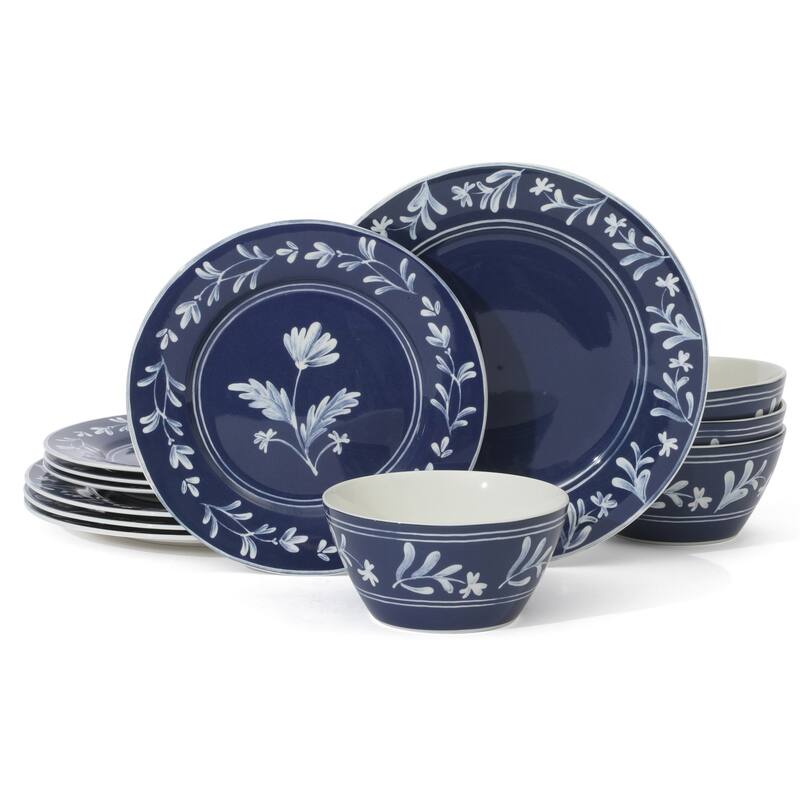 Martha Stewart Maiden Crown 12-Piece Dinnerware Set - Vegan Bone China Ceramic Plates & Bowls - Floral Design - Service for 4 - Blue
