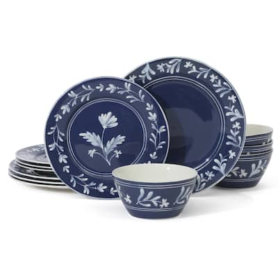 Martha Stewart Maiden Crown 12-Piece Dinnerware Set - Vegan Bone China Ceramic Plates & Bowls - Floral Design - Service for 4