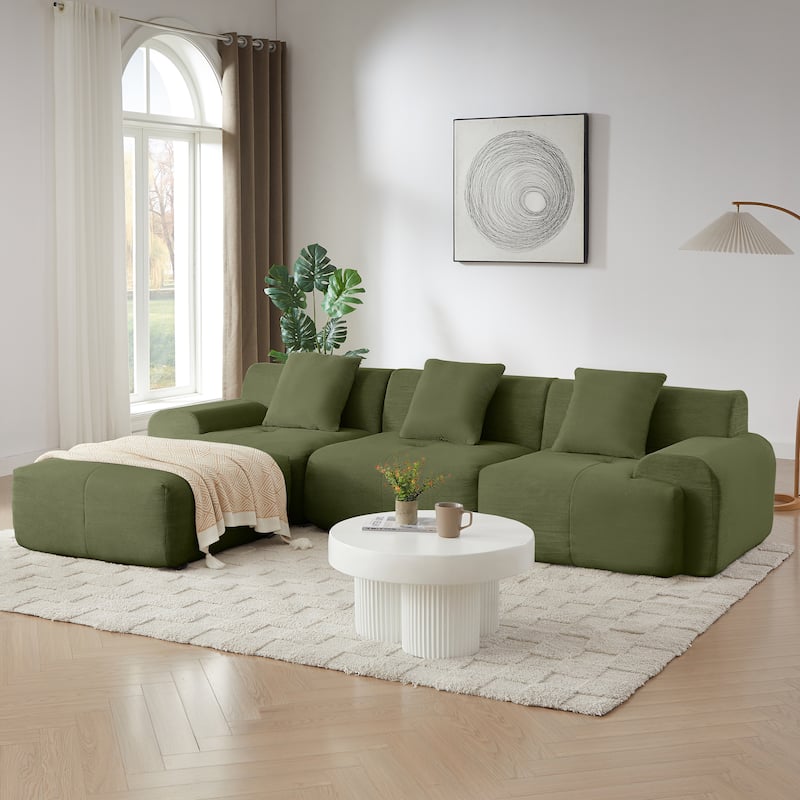 Livingroom L-Shaped Corduroy Sectional Sofa, Modular Couch 3 Seat Straight Sofa with Movable Ottoman