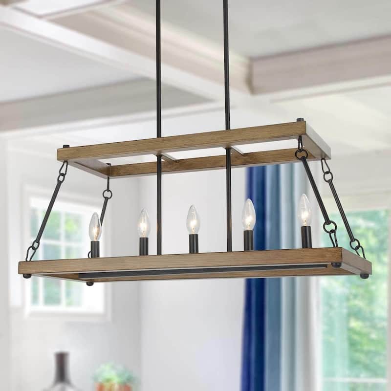 Farmhouse 5-Light Linear Chandelier Wood Grain Island Lights for Dining Room - L 30"x W 12"x H 12.5" - L 30"x W 12"x H 12.5"