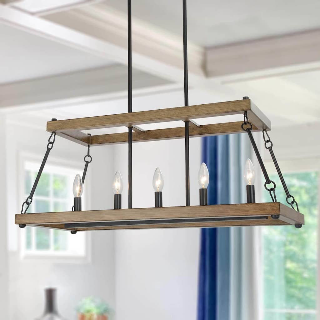 Farmhouse 5-Light Linear Chandelier Wood Grain Island Lights for Dining Room - L 30"x W 12"x H 12.5"