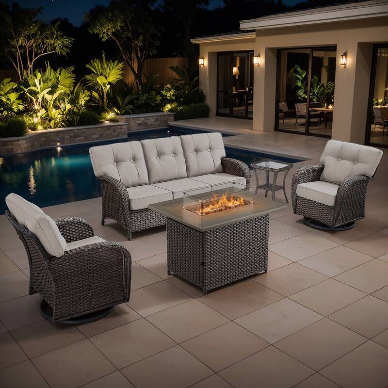 Gymojoy Outdoor Wicker Patio Furniture Sofa Set with 55,000 BTU Fire Pit Table, Swivel Chairs, Ottomans & Side Tables