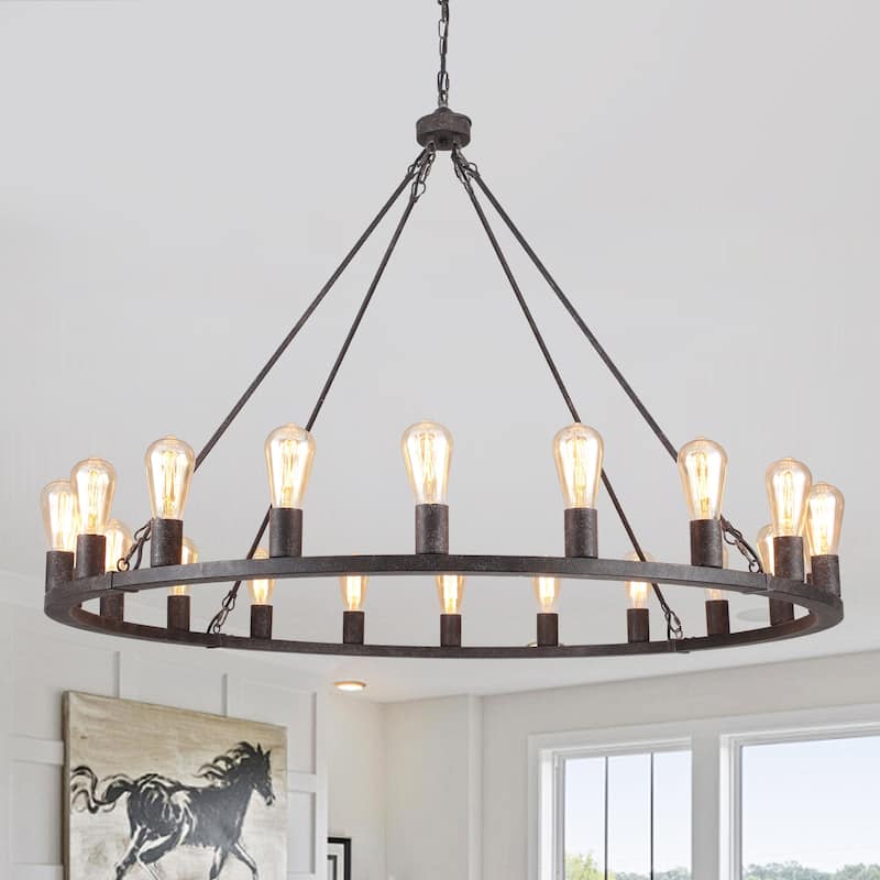 20-Light Round Rustic Wagon Wheel Chandelier, Farmhouse Chandelier, Dining Room Living Room Bedroom Kitchen Light Fixture - Antique Black