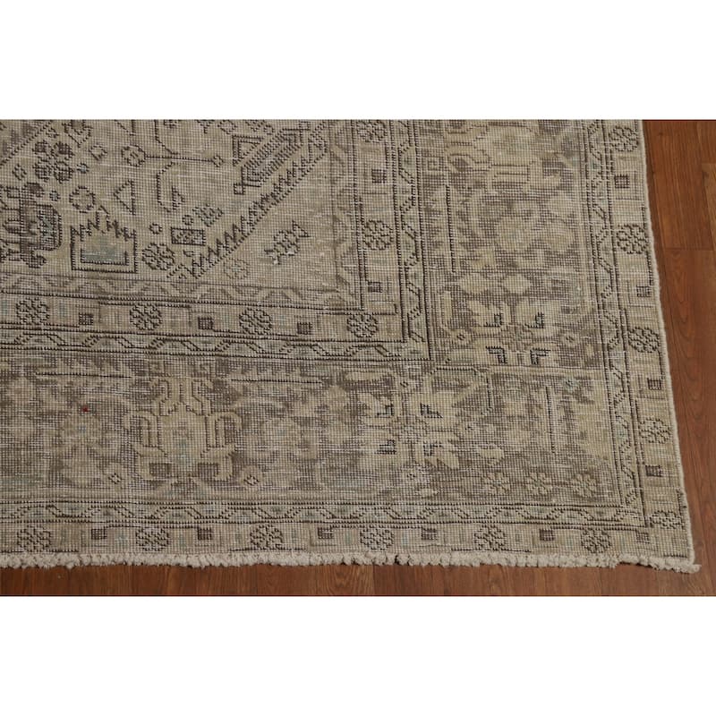 Geometric Tabriz Persian Vintage Rug Hand-Knotted Beige Wool Carpet - 9'1" x 12'4"