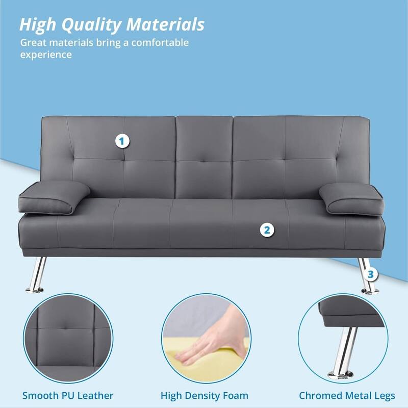 Futon Sofa Bed Couch with Armrest & Cupholders, Faux Leather Sofa Bed Couch Convertible Folding Reclining Small Couch