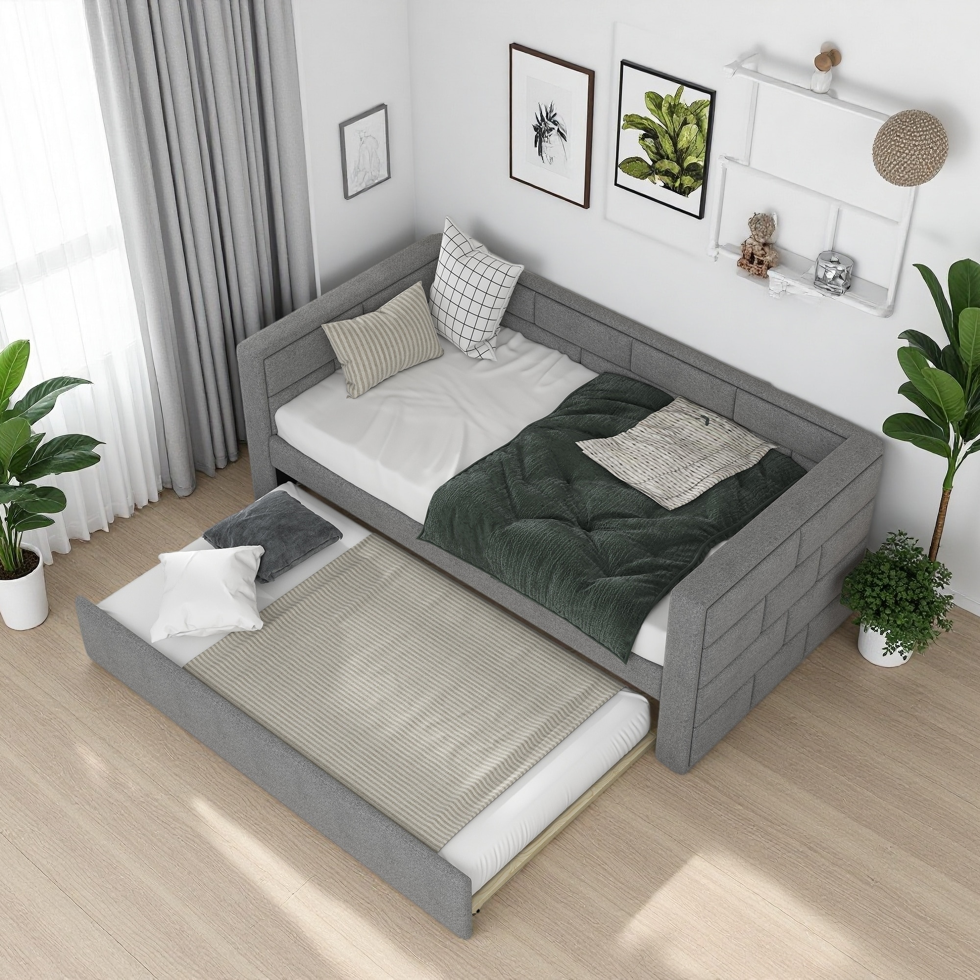 Twin Size Upholstered Daybed with Trundle, and Padded Back