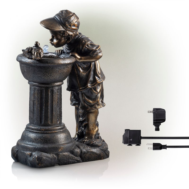 Alpine Corporation Outdoor Floor Joyful Boy and Girl Drinking Water Fountain, Playful Garden Waterfall with LED Lights