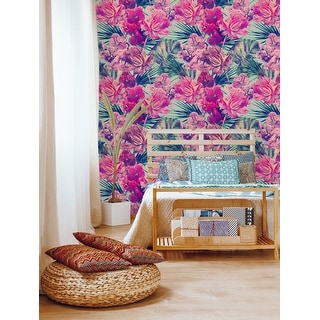 Retro Orchid and Palm Leaves Removable Wallpaper - Overstock - 33275188