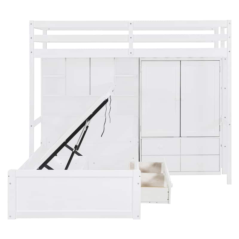 Twin Size Bunk Bed with Wardrobe Drawers and Hydraulic Storage Lift