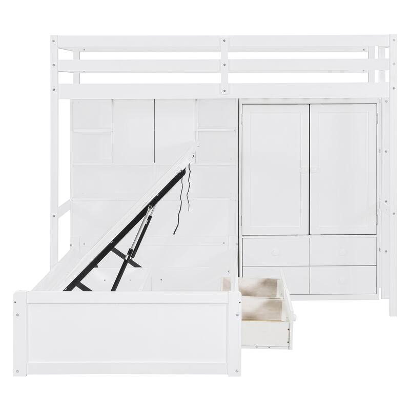 White Twin Bunk Bed with Drawers, Wardrobe, Storage Shelves, and Hydraulic Lift