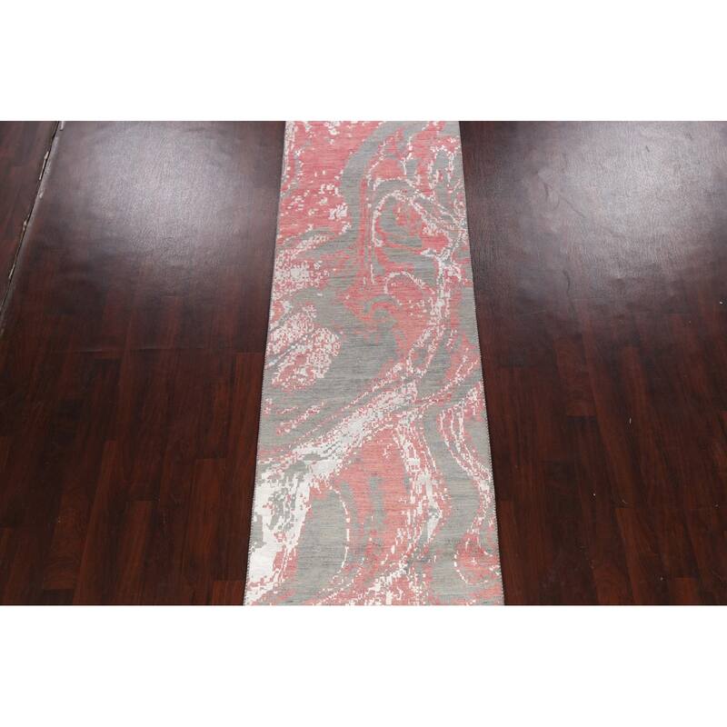 Wool/ Silk Vegetable Dye Abstract Oriental Runner Rug Hand-knotted - 3'1" x 12'2"
