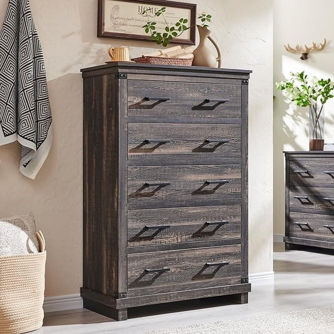 Farmhouse 5 Drawers Dresser, Wood Chest of Drawers, Closet Dresser - Dark Rustic Oak