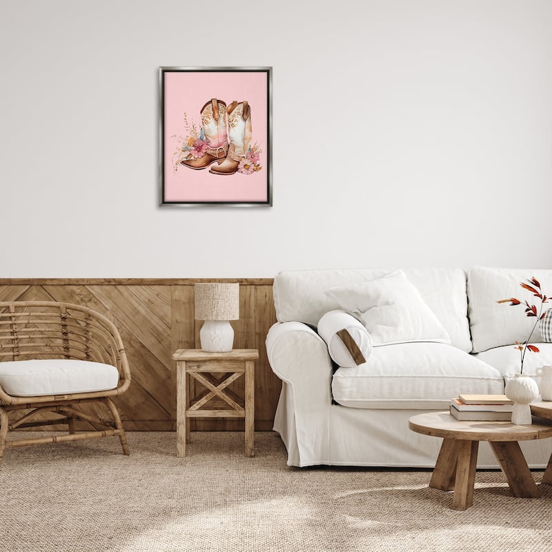 Stupell Floral Pink Cowgirl Boots Framed Floater Canvas Wall Art Design by Birch&Ink
