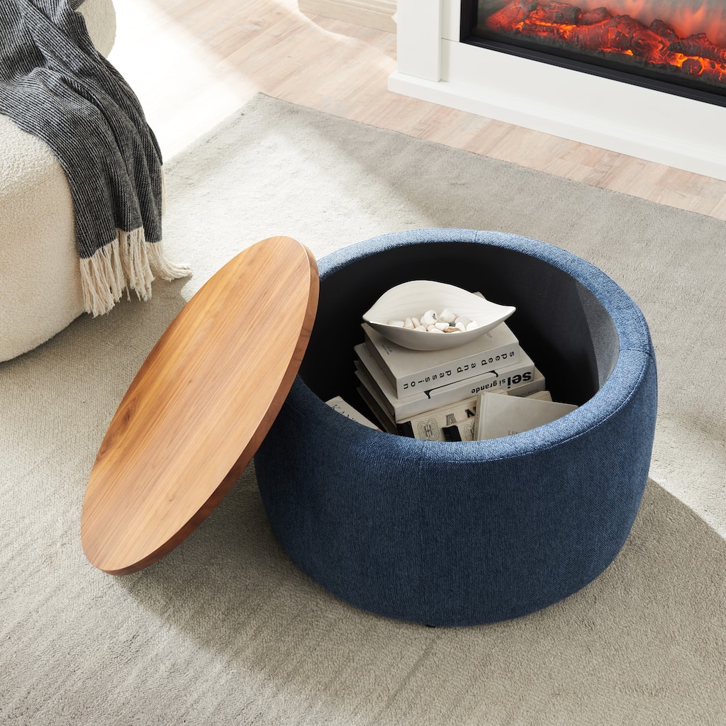 Roomfitters Round Storage Ottoman with Removable Lid, 2-in-1 Design Serves as End Table or Footrest, Modern Living Room