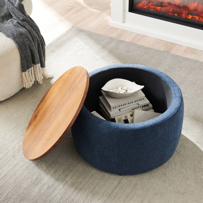 Round Fabric Storage Ottoman with 2 in 1 Function - Navy