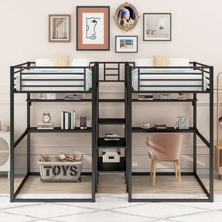 Black Double Twin over Twin Metal Bunk Bed with Desk and Shelves - Bed ...
