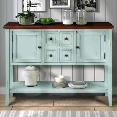 Vintage 46" Rectangular Console Table with 4 Storage Drawers and 2 Cabinets, Bottom Shelf, Easy Assembly