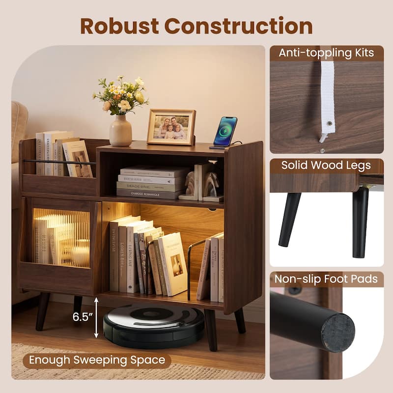 Gymax Record Player Stand w/LED Light Power Outlets Sliding Door Vinyl