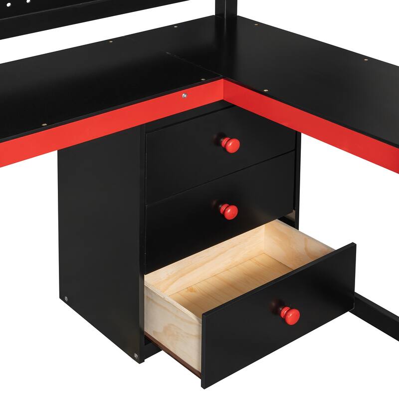 Gaming Loft Bed with Recessed Table Cabinet Pegboard Storage Stairs