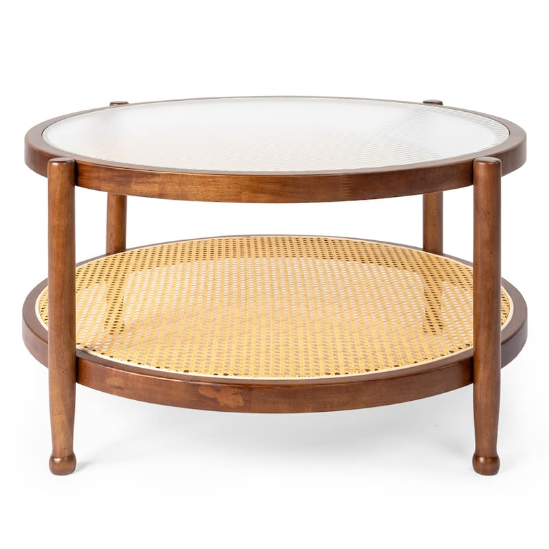 31.5in Rattan Coffee Table with Tempered Glass Top and Hand-Woven Shelf for Indoor Outdoor - 31.5” x 31.5” x 17.3”