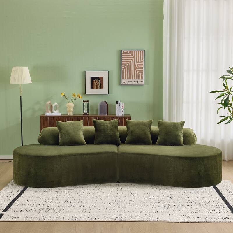 Plush Curved Sectional Sofa Cozy Modular Deep Seat Couch with Pillows - Green