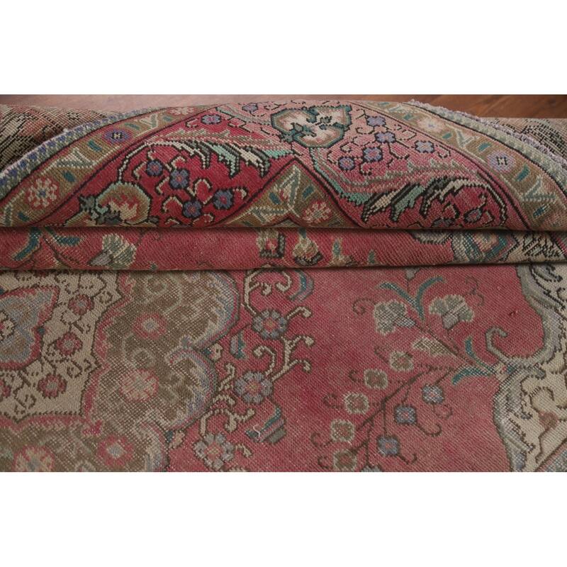 Hand Knotted Oriental 100% Wool Carpet Traditional Medallion Pink Tabriz Area Rug - 9' 6'' X 6' 3''