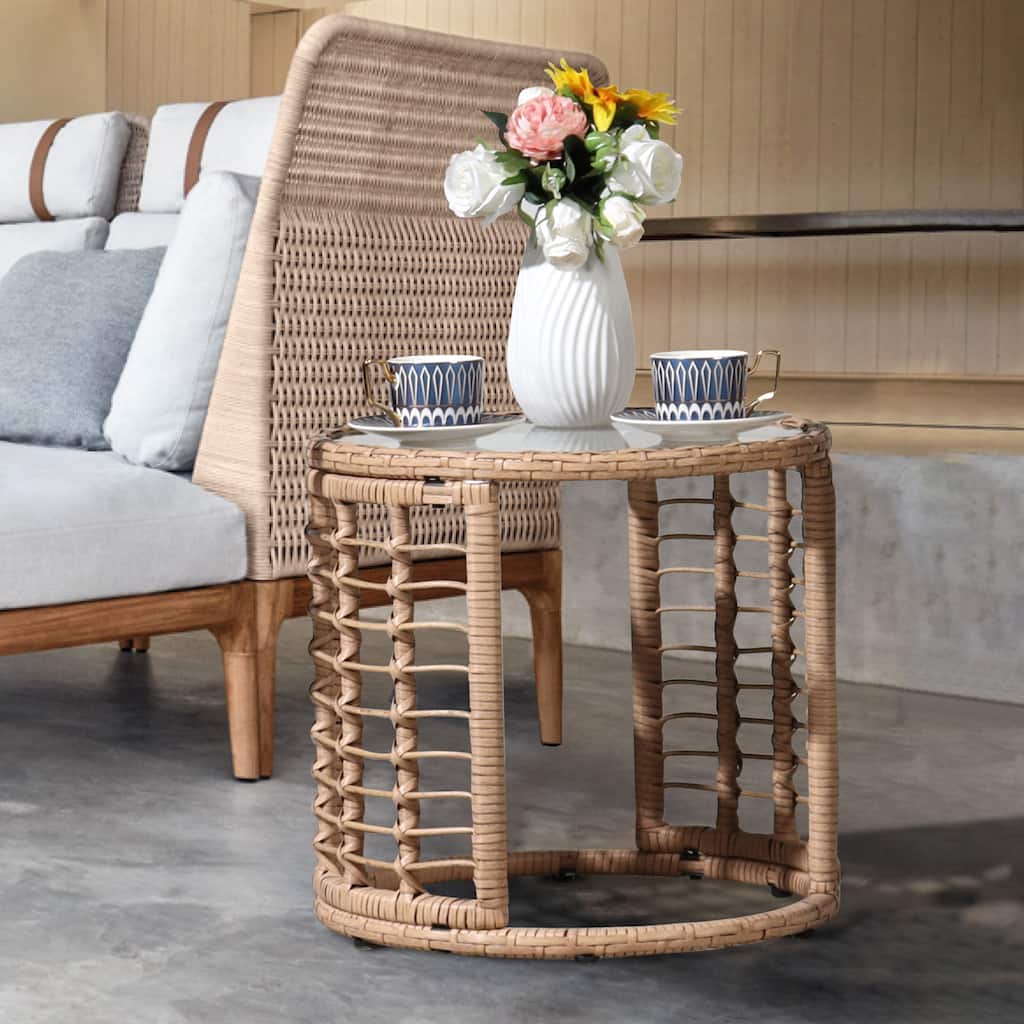 Patio Round End Table 18-Inch Wicker Accent Table with Glass Top
