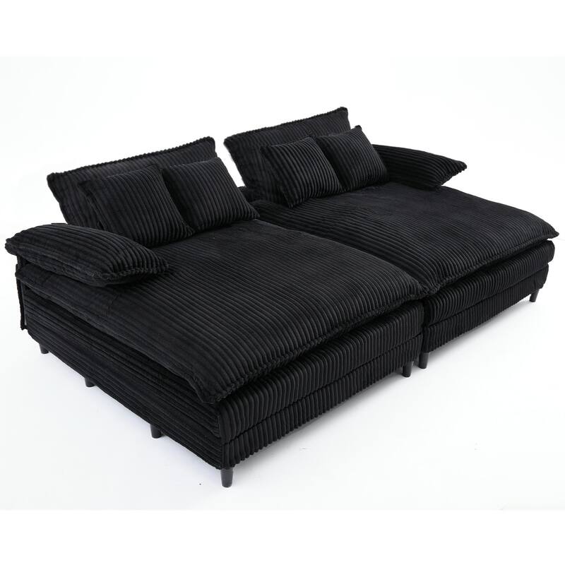 Oversized Double Lounge Chaise Reclining Sleeper Sectional Sofa Bed Corduroy Deep Seat Couch with 4-Gear Adjustable Backrest
