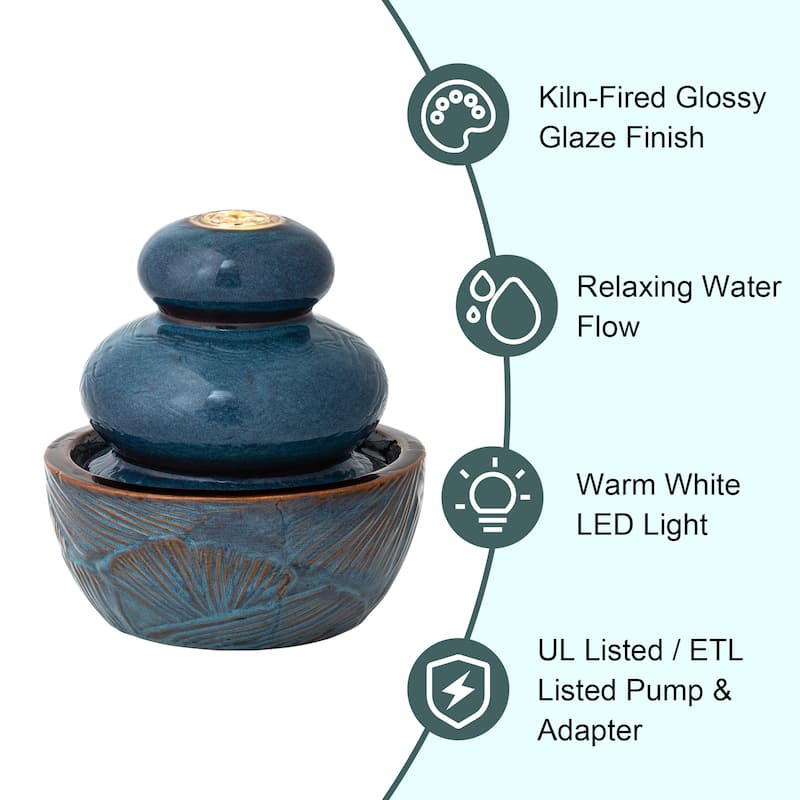 Glitzhome 8.75"H Ceramic Leaf Textured Tabletop Water Fountain with LED Lights