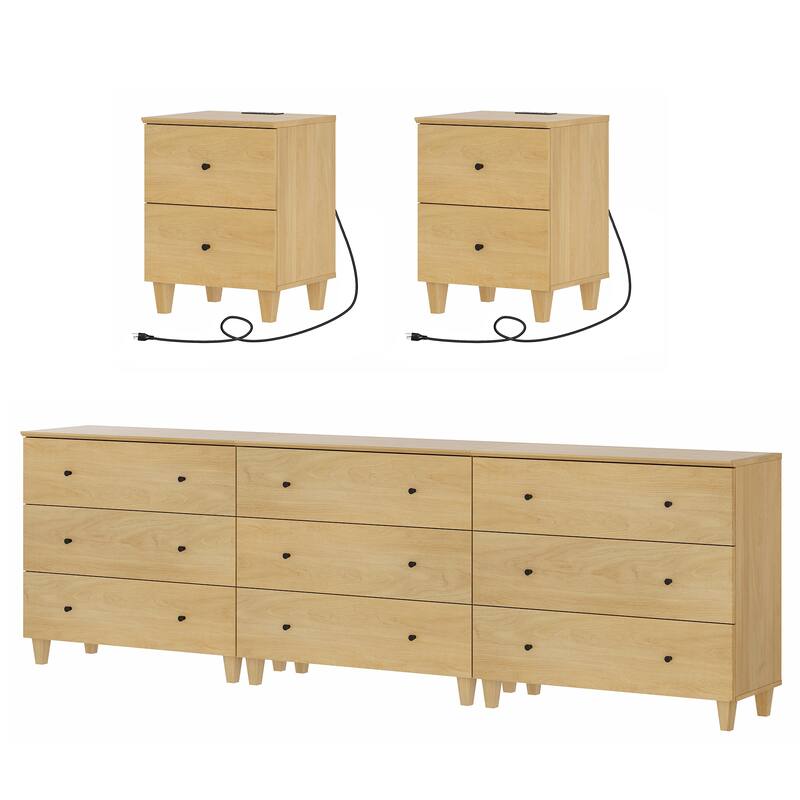 WAMPAT 9-Drawer Wide Dresser and Nightstands Set of 3 for Bedroom - Oak - 3 Piece