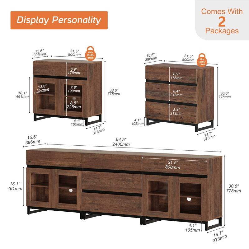 WAMPAT 3 in 1 Multifunctional Dresser with Glass Doors and 5 Drawers, Modern Chest of Drawers for Bedroom