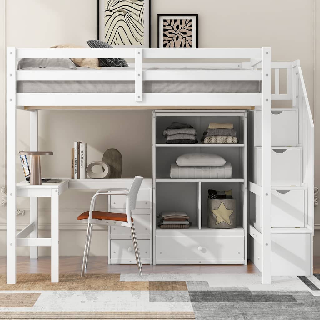 Wood Storage Loft Bed with L-Shaped Desk and 4 Drawers, Full Size Kids Bed Frame with Cabinet & Storage Staircase for Bedroom