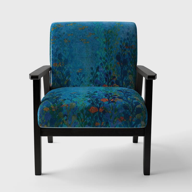Designart "Blue Underwater Lake Leaves I" Upholstered Nautical & Coastal Accent Chair - Arm Chair