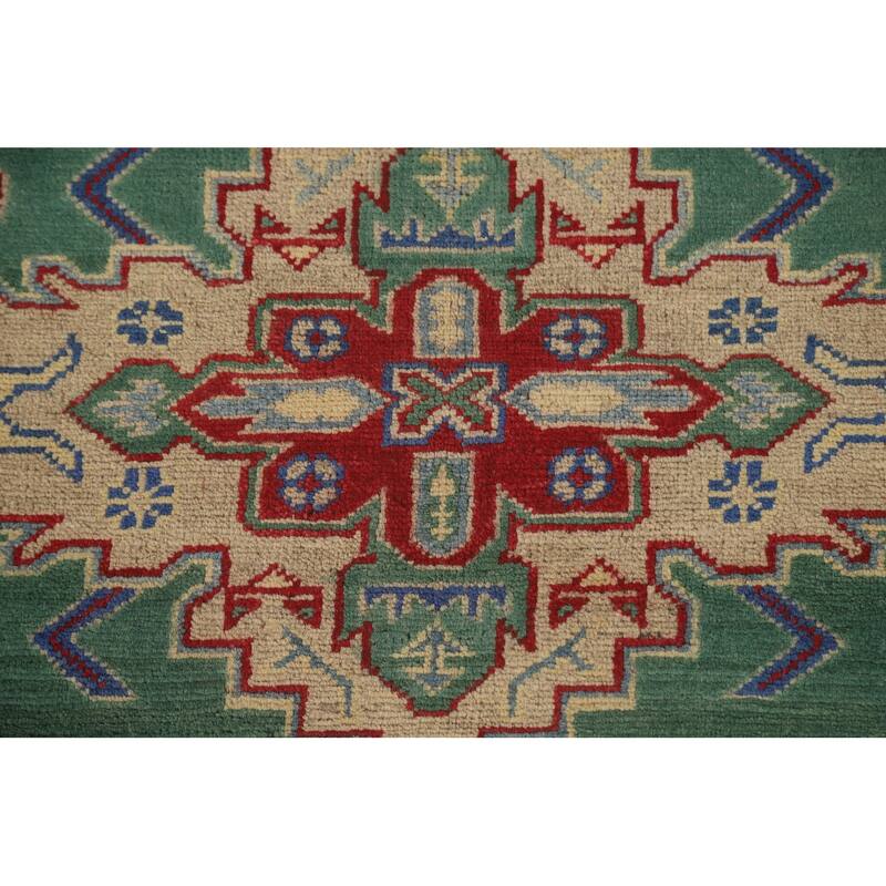 Green Geometric Kazak Area Rug Hand-Knotted Wool Carpet - 4'11" x 6'1"