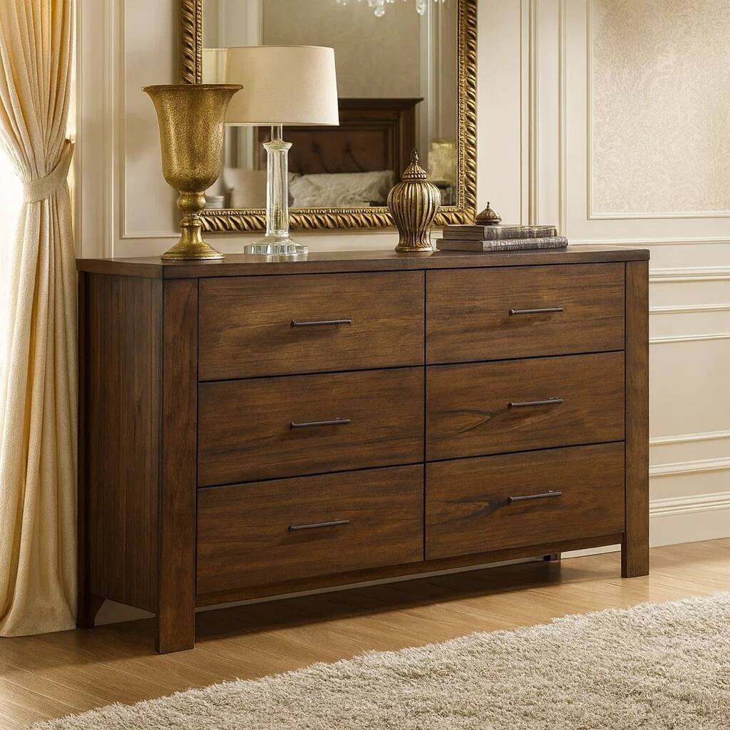 Spacious Wooden Dresser with Six Drawers, Oak Brown