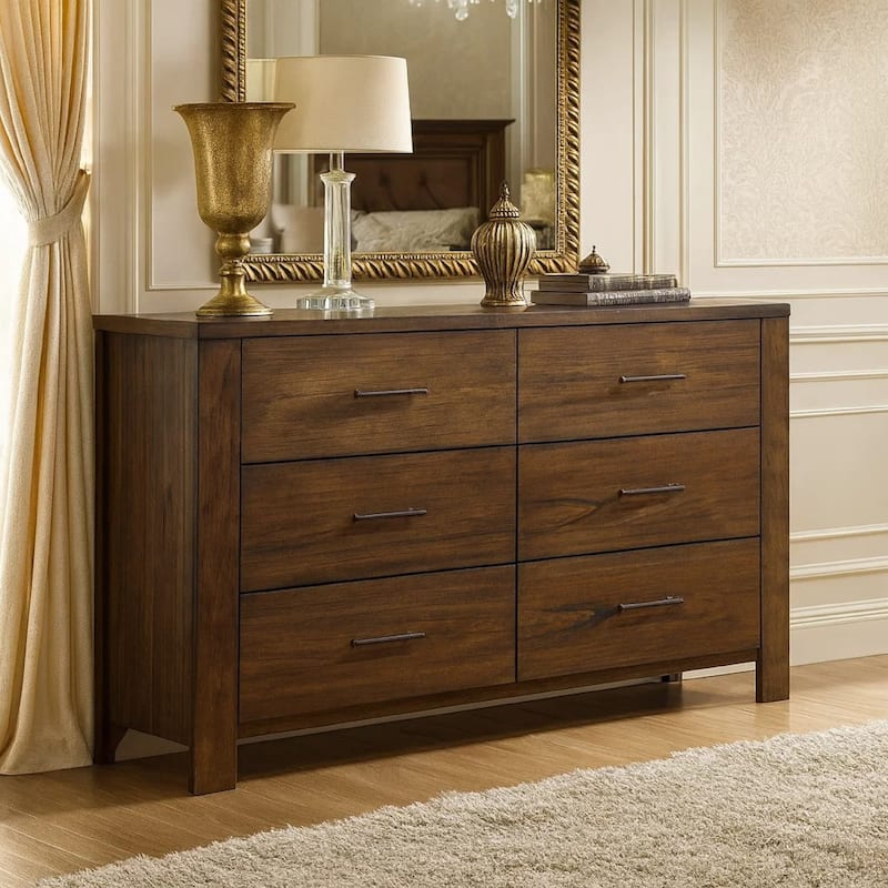 Spacious Wooden Dresser with Six Drawers, Oak Brown