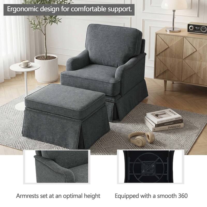 Modern Chenille Swivel Armchair and Storage Ottoman