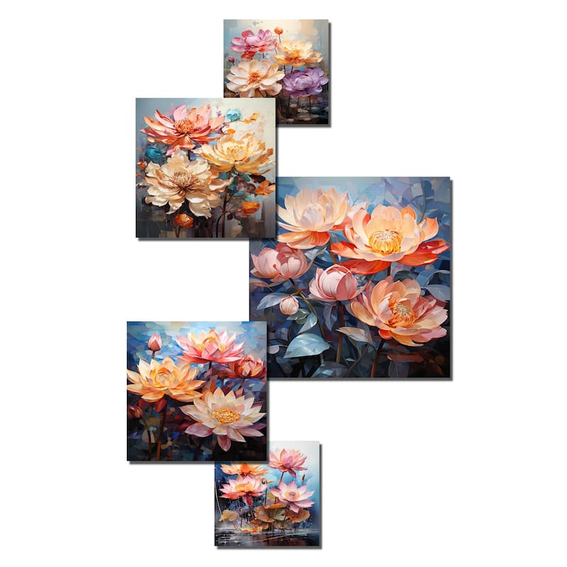 Designart "Colorful Lotus Blooms Abstraction" Lotus Wall Art Set of 5 - Traditional Pink Metal Wall Art Office Room Set