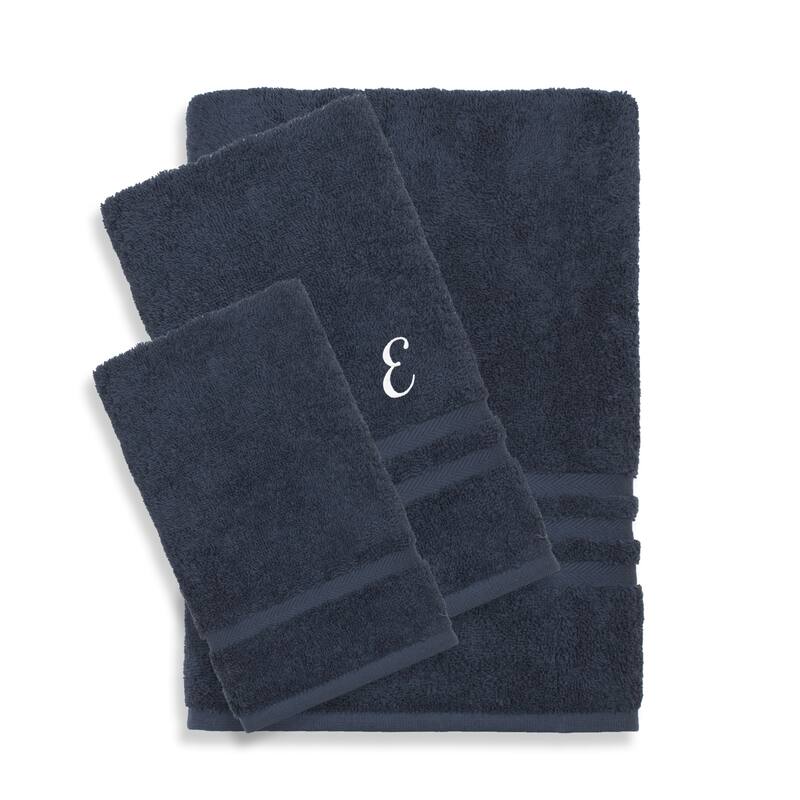 Authentic Hotel and Spa Omni Turkish Cotton Terry 3-piece Navy Blue Bath Towel Set with White Script Monogrammed Initial - E