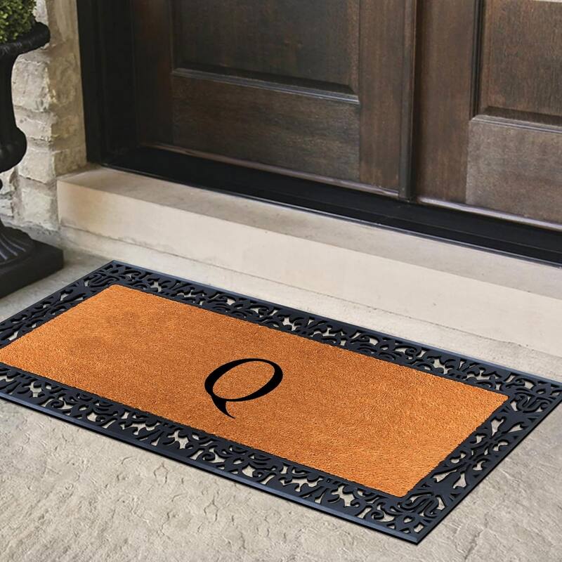 A1HC Rubber and Coir Paisley Border Heavy Duty Non-Slip Durable Double Door Monogrammed Doormat 30"X60", Black