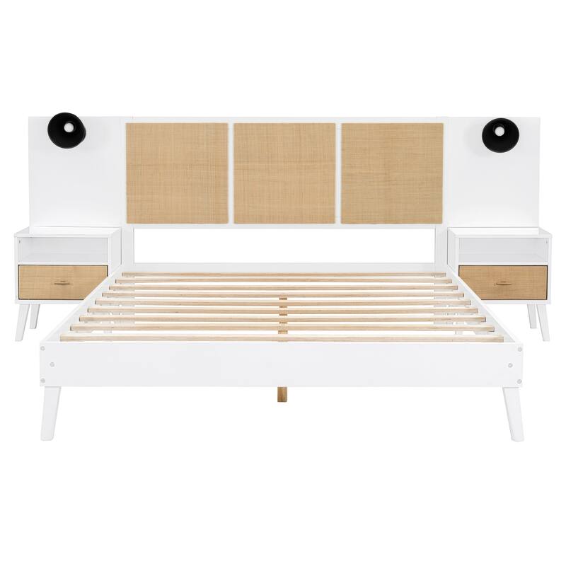 Queen Size Bed Frame, Nightstands & Headboard 3 in 1 Slats Platform Bed with Drawers and Lamps, Rattan Design for Bedroom