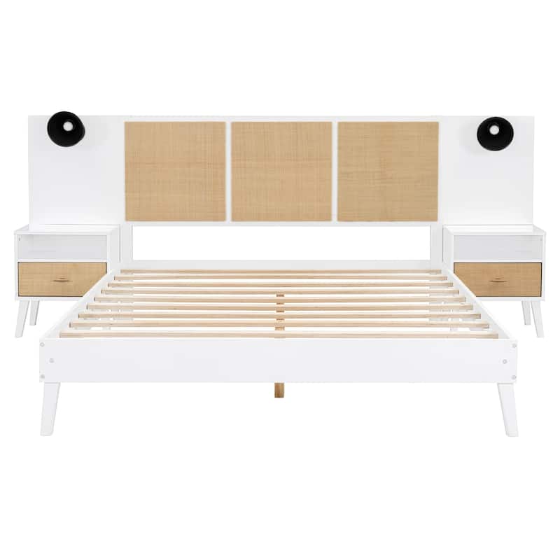 Queen Size Platform Bed with 2 Nightstands and 2 Lamps, Wooden Bed Frame with Elegant Rattan Headboard and Wood Combination
