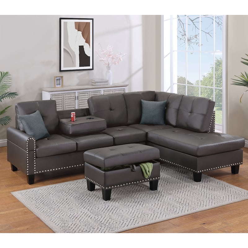 3 Piece Faux Leather Sectional Sofa Set with Storage Ottoman