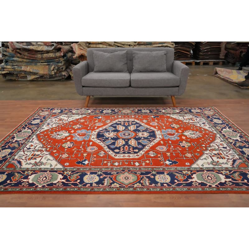 Hand Knotted Oriental 100% Wool Carpet Traditional Medallion Oranges & Rust Heriz (serapi) Area Rug - 8' 10'' X 6' 1''