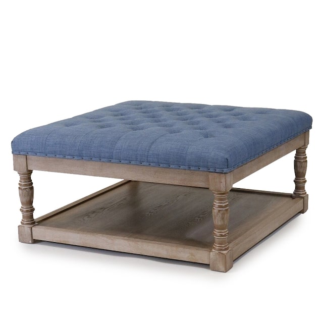 Cairona Tufted Textile 34-inch Shelved Ottoman Table - Blue Top/Natural Wood