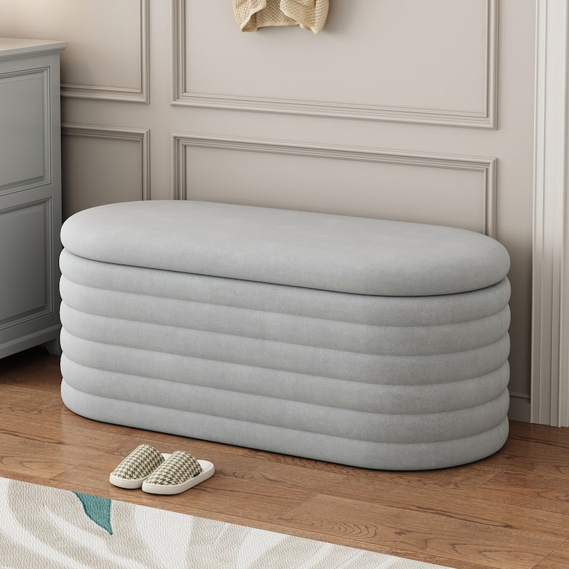Light Gray Ottoman Bench Upholstered Bench Fabric Storage Bench Simple End of Bed Stool with Safety Hinge - Light Gray