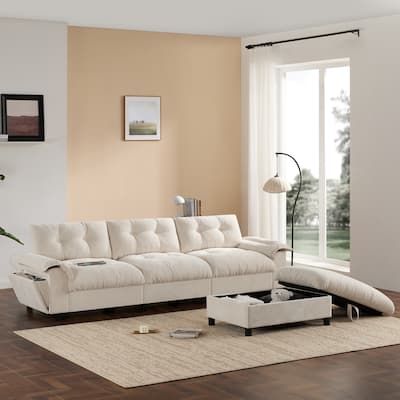 L-Shape Chenille Sectional Sofa with Multifunctional Armrest & Movable Storage Ottoman