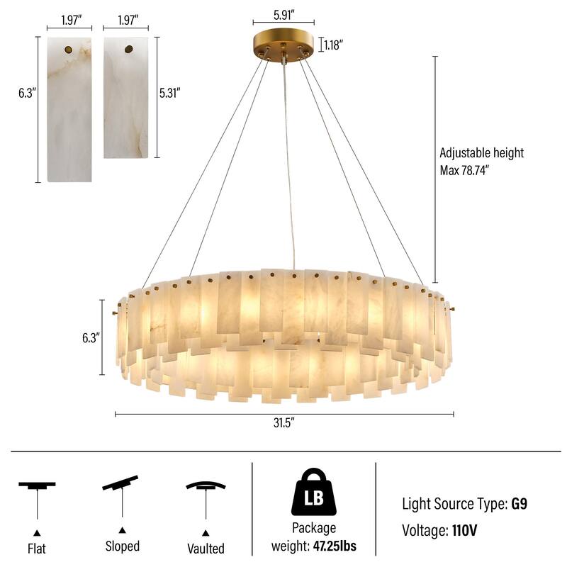 Modern Layered Alabaster Slice Chandelier, Round or Linear Pendant Light, D600-L1200 - Gold