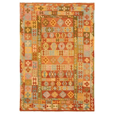 ECARPETGALLERY Flat-weave Bold and Colorful Dark Red Wool Kilim - 6'10 x 9'9